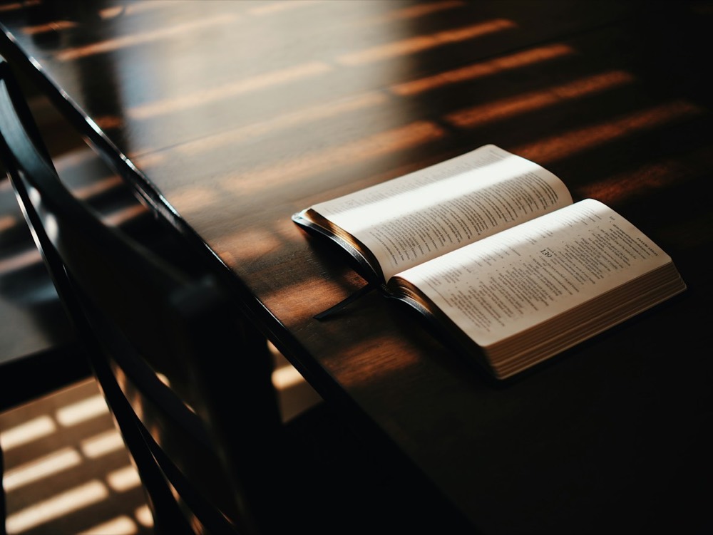 An open book left alone on a dark table
